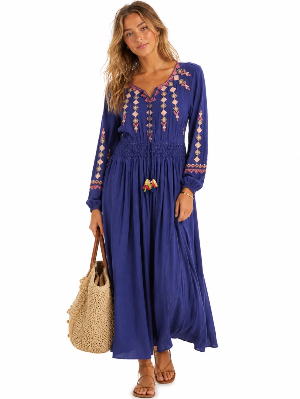 Soft Surroundings Embroidered Boho Midi Dress S Navy Smocked Folk Petite